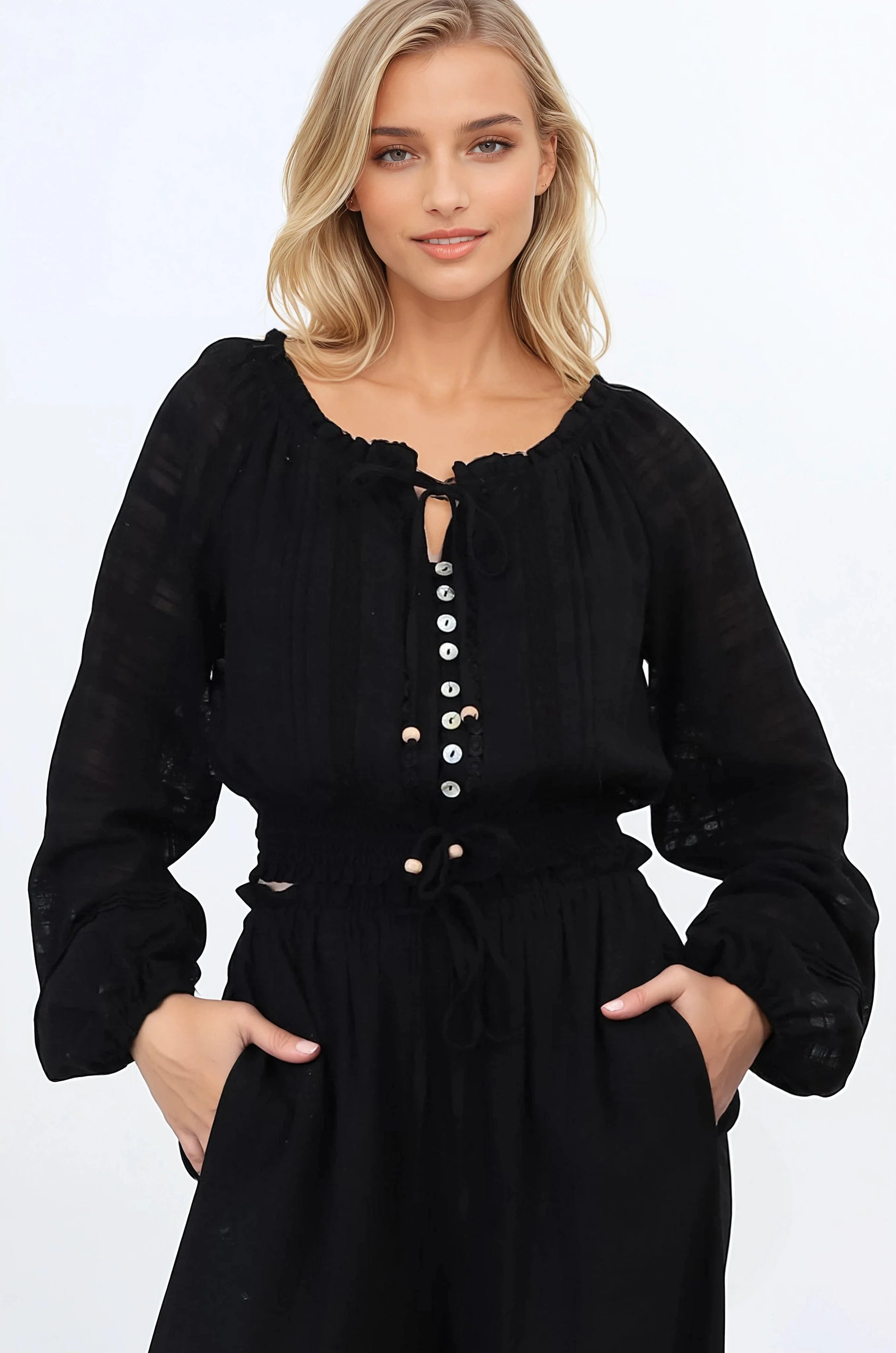 Marlon Top - On or Off Shoulder Pin Tuck Detail Long Balloon Sleeve Crop in Black