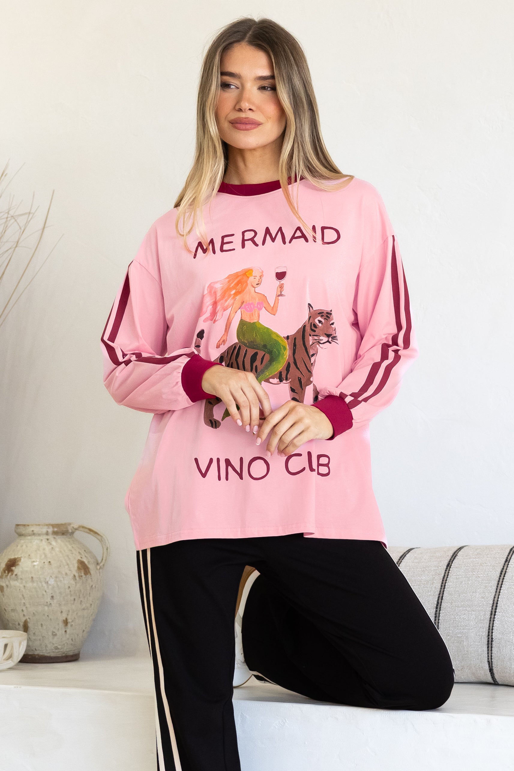 Mermaid Vino Long Sleeve Tee - Crew Neck Contrast Stripe Graphic T-Shirt in Pink
