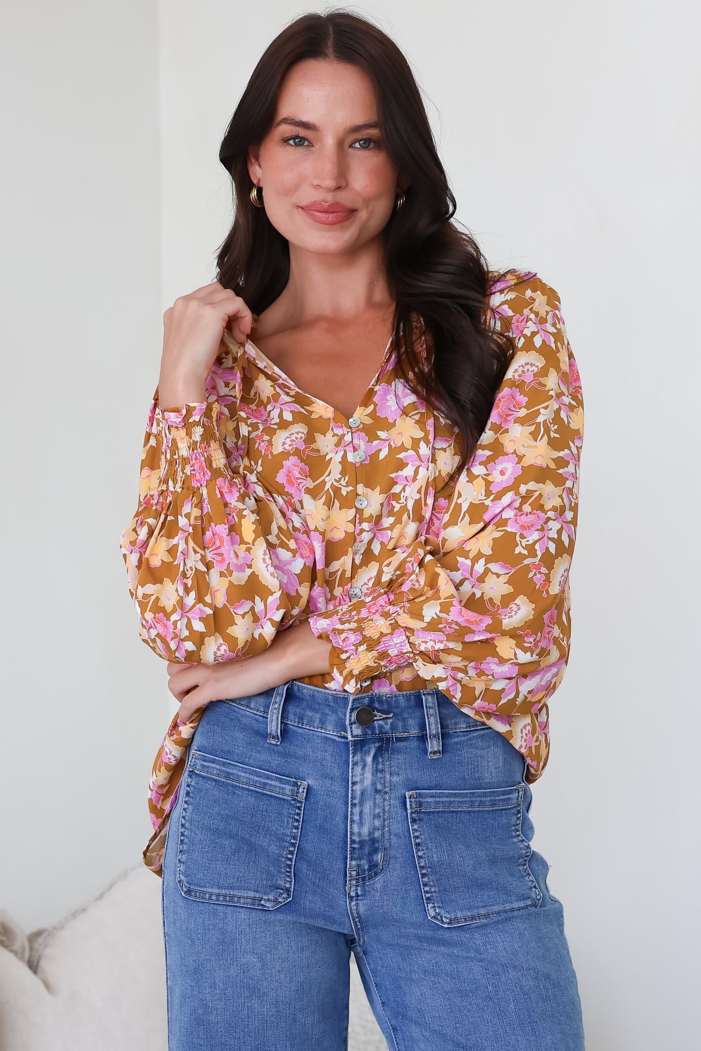 Moree Blouse - Frill Collar Neck Tie Button Down Shirt in Elixir Print