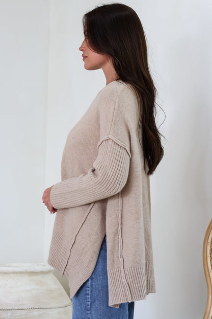 Ridge Jumper - V Neck Relaxed Shark Bite Ribbed Hemline Knit in Beige