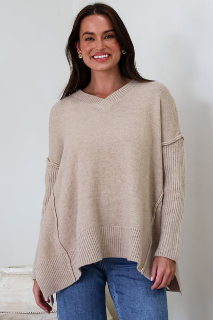 Ridge Jumper - V Neck Relaxed Shark Bite Ribbed Hemline Knit in Beige