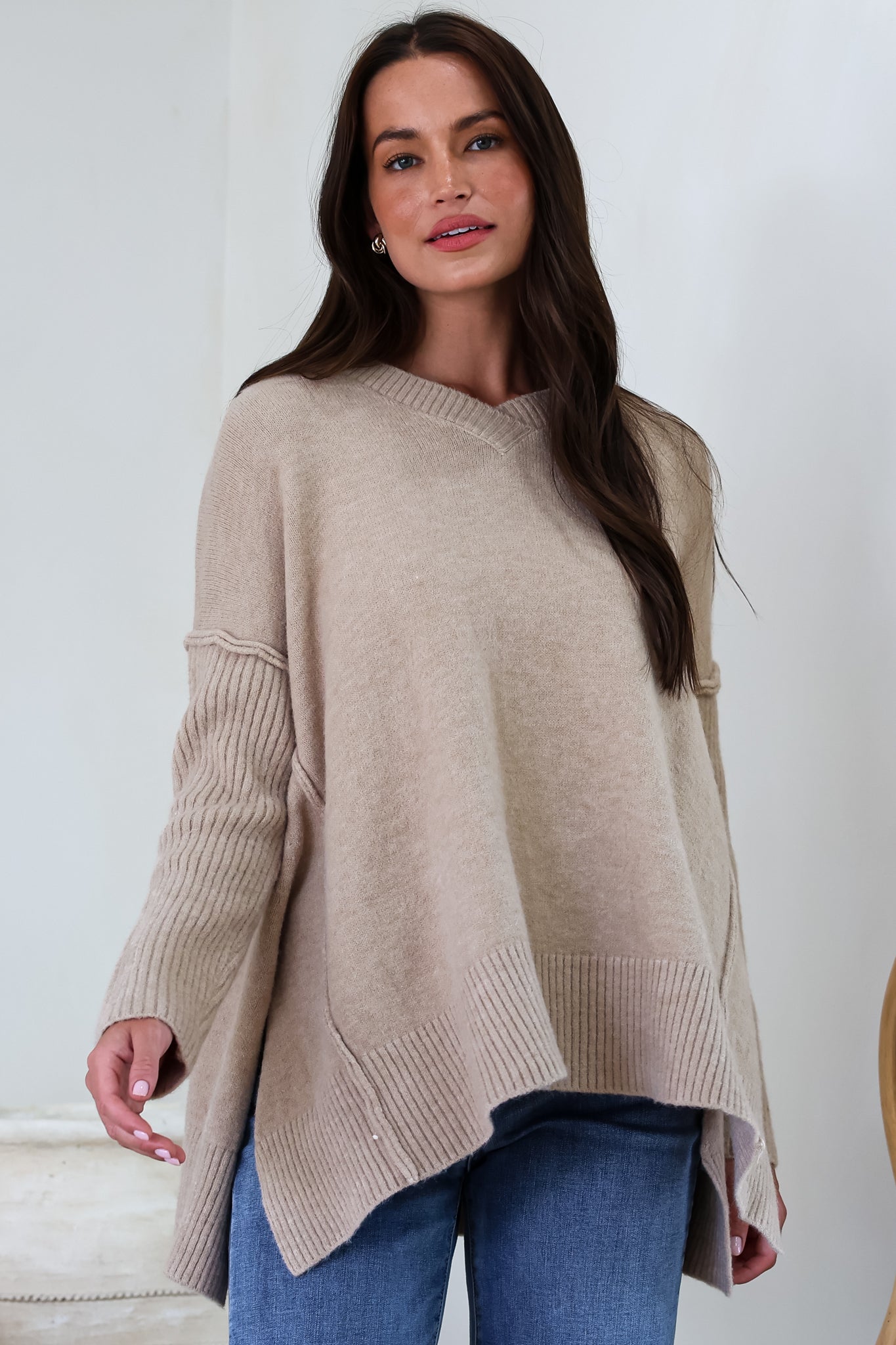 Ridge Jumper - V Neck Relaxed Shark Bite Ribbed Hemline Knit in Beige