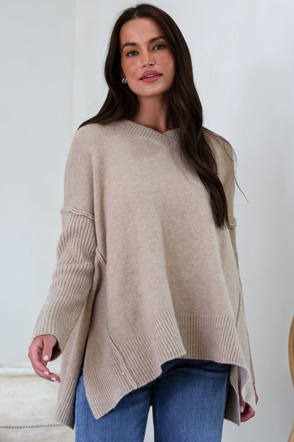 Ridge Jumper - V Neck Relaxed Shark Bite Ribbed Hemline Knit in Beige