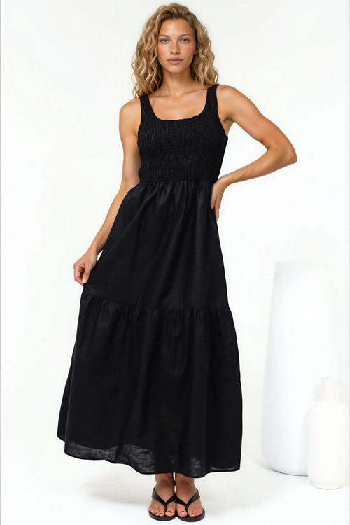 Sarlita Midi Dress - Shirred Bodice Sleeveless Tiered Dress with Pockets in Black