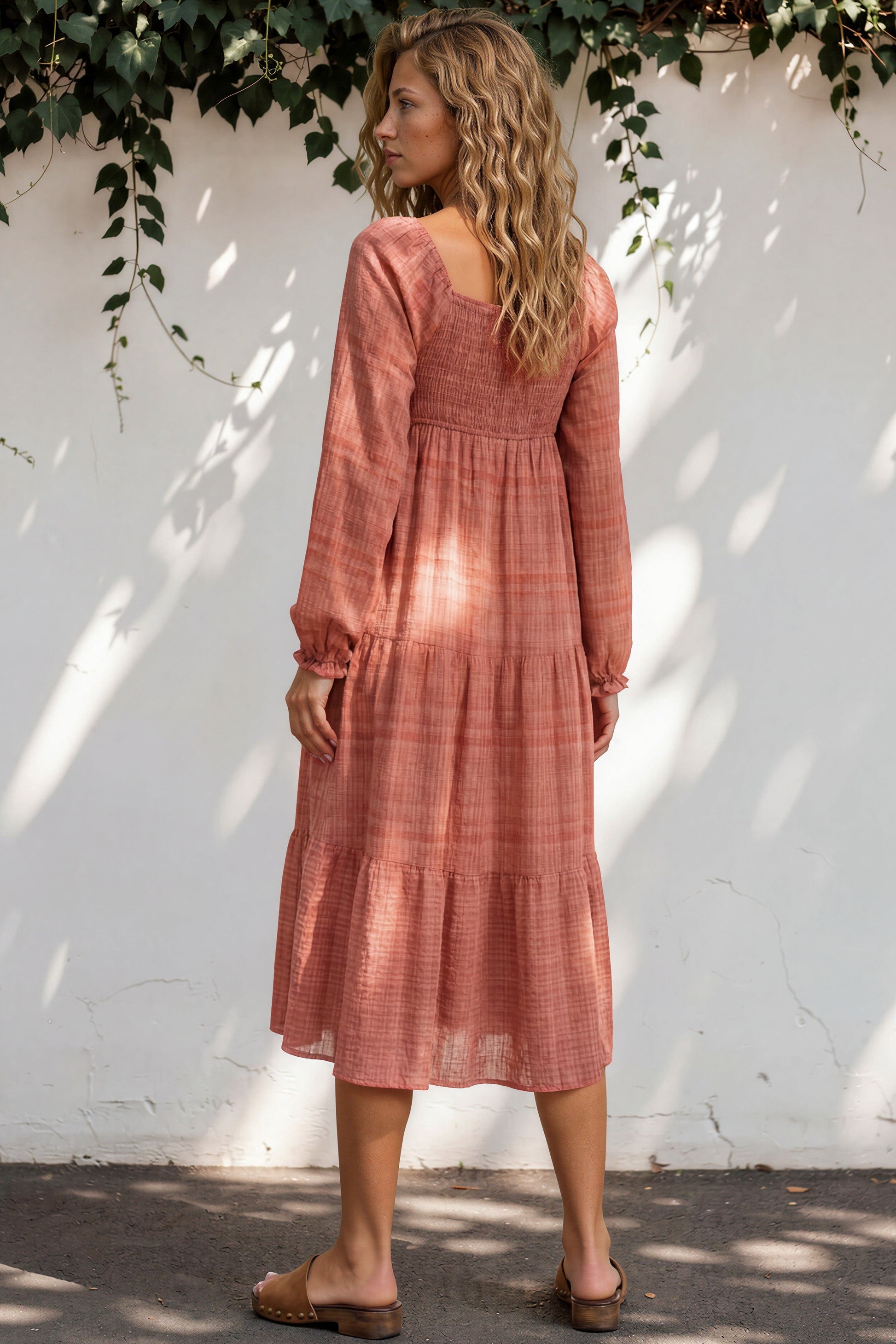 Teva Midi Dress - Square Neckline Dress with Pockets in Light Coral