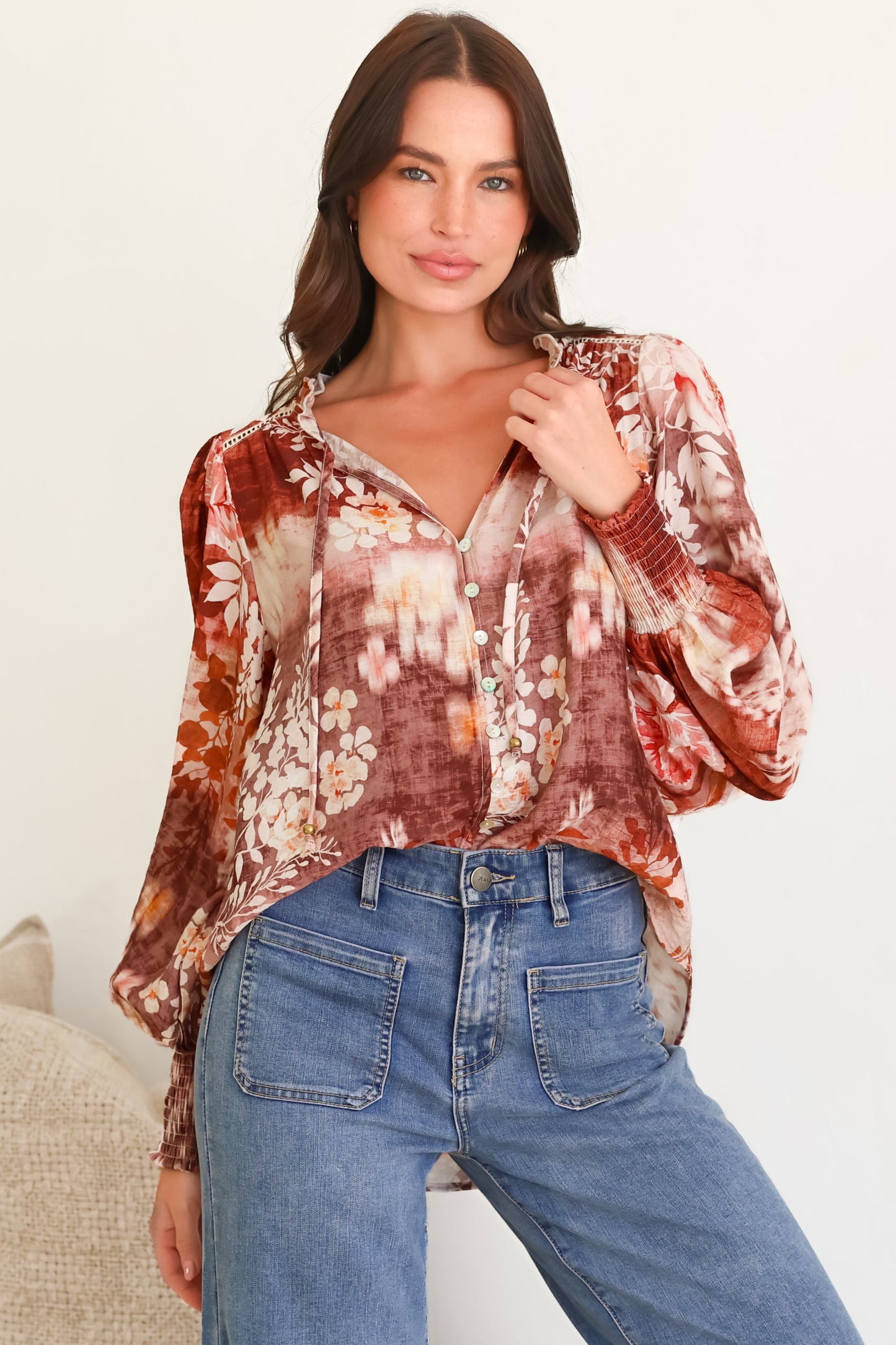 Violet Blouse - Frill Collar Button Down Balloon Sleeve Top in Ashara Print