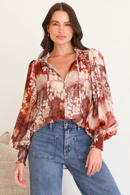 Violet Blouse - Frill Collar Button Down Balloon Sleeve Top in Ashara Print