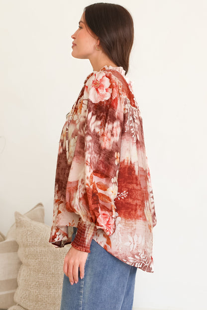 Violet Blouse - Frill Collar Button Down Balloon Sleeve Top in Ashara Print