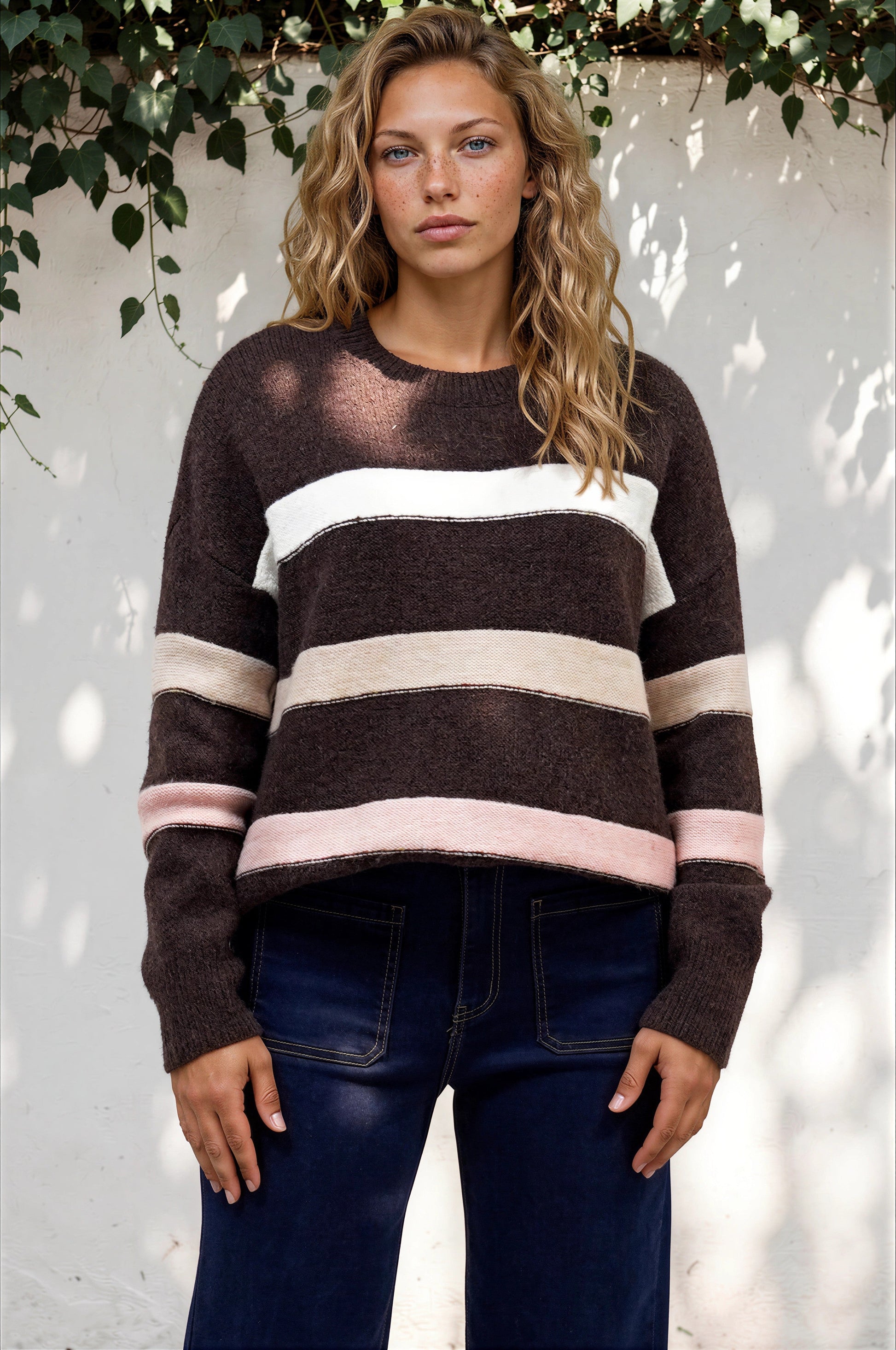 Wendi Jumper - High-Low Stripe Wool Blend Jumper in Chocolate