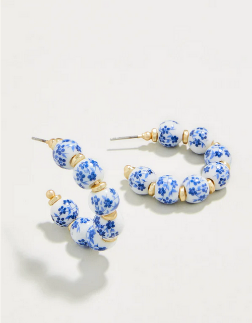 Annabelle Beaded Hoop Earrings Blue Flower