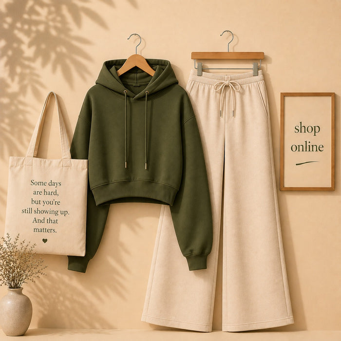 BASIC OLIVE GREEN CROP HOOD WITH BEIGE FLAPPER
