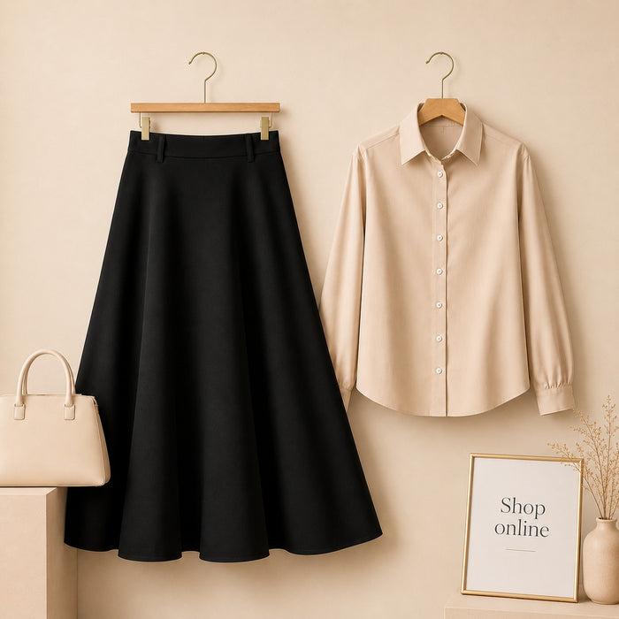 BEIGE BUTTON DOWN WITH BLACK COTTON TWILL SKIRT