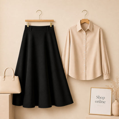 BEIGE BUTTON DOWN WITH BLACK COTTON TWILL SKIRT