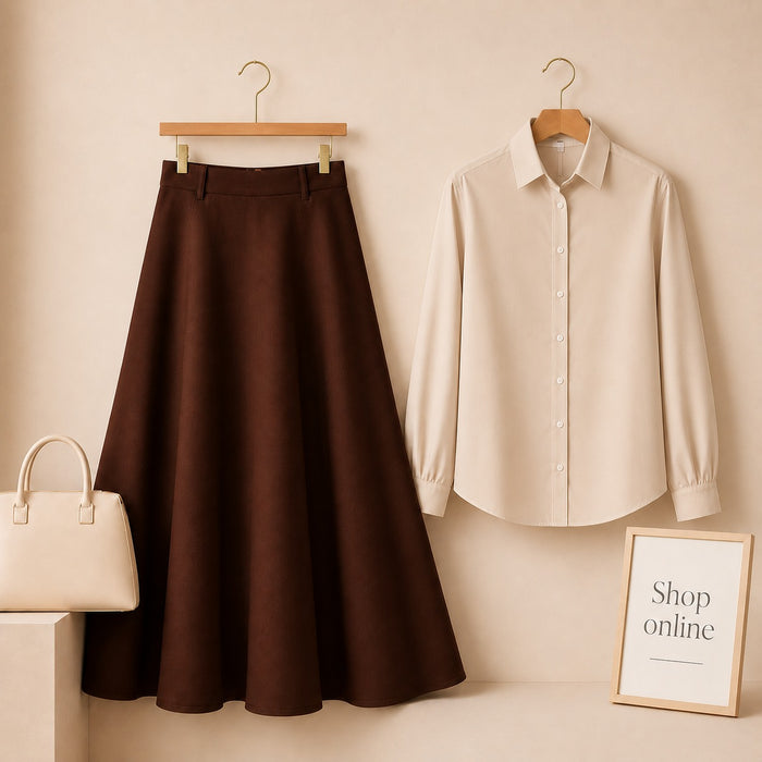 BEIGE BUTTON DOWN WITH DARK BROWN COTTON TWILL SKIRT