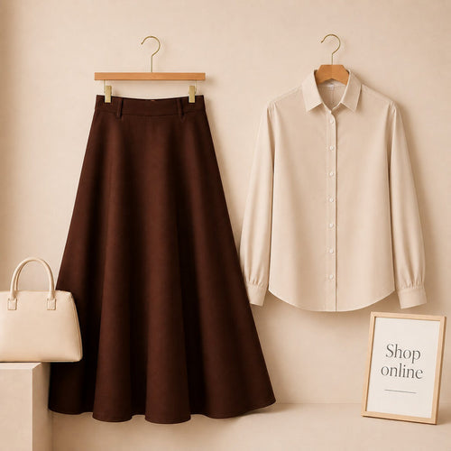 BEIGE BUTTON DOWN WITH DARK BROWN COTTON TWILL SKIRT