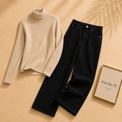 BEIGE RIBKNIT HIGH NACK WITH BLACK WIDE LEG JEANS