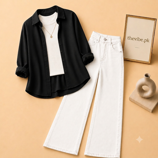 BLACK BUTTON DOWN SHIRT  WITH WHITE TANK TOP WHITE WIDE LEG JEANS (3Pcs)