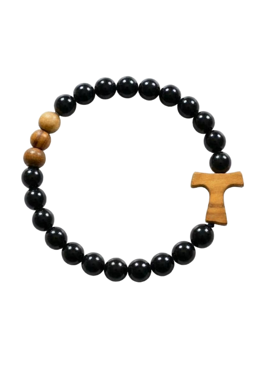 Black Glass & Olive Wood Bead Tau Bracelet