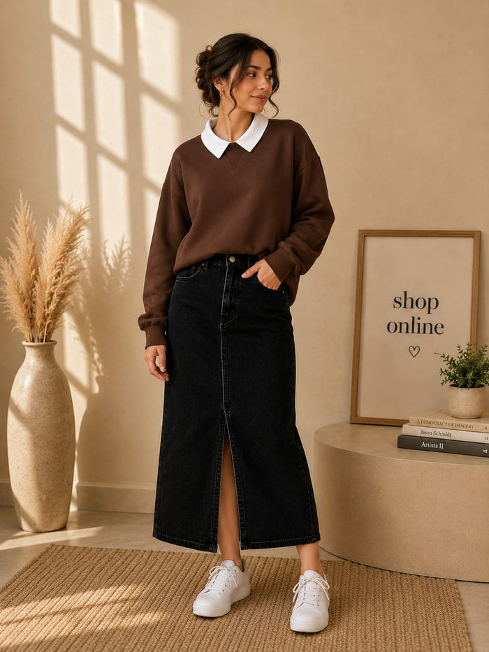 BROWN COLLAR SWEATSHIRT WITH BLACK SHIRT