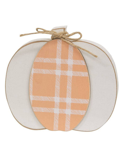 Cream & Orange Plaid Wooden Pumpkin Sitter, 2 Assorted