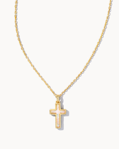 Cross Pendant Necklace White Opal Gold