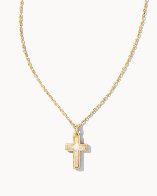 Cross Pendant Necklace White Opal Gold