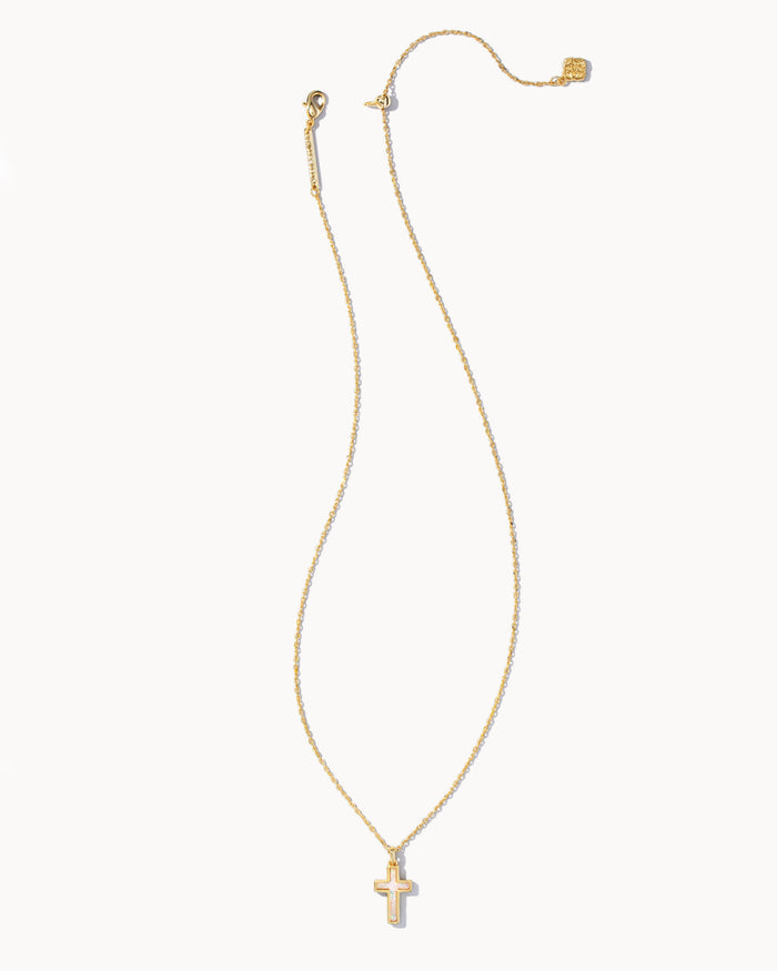 Cross Pendant Necklace White Opal Gold