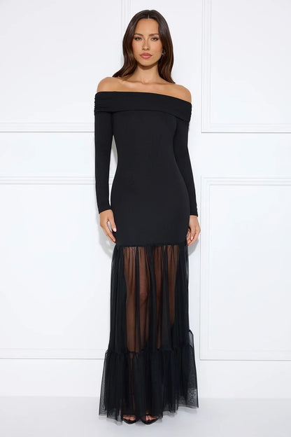 Captivating Gaze Off Shoulder Maxi Dress Black
