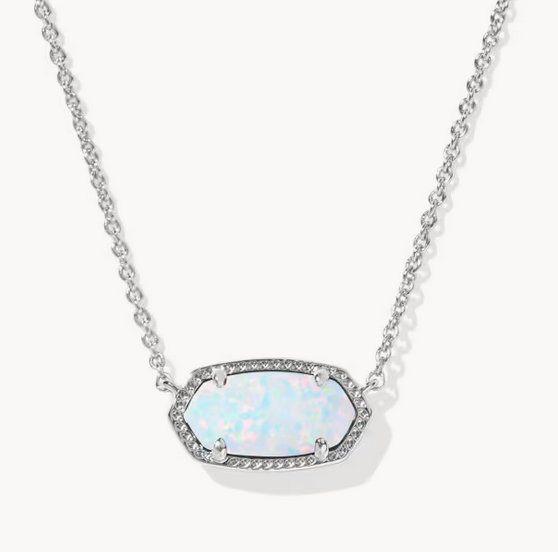 Elisa Short Pendant Necklace Rhodium White Opal