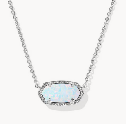 Elisa Short Pendant Necklace Rhodium White Opal