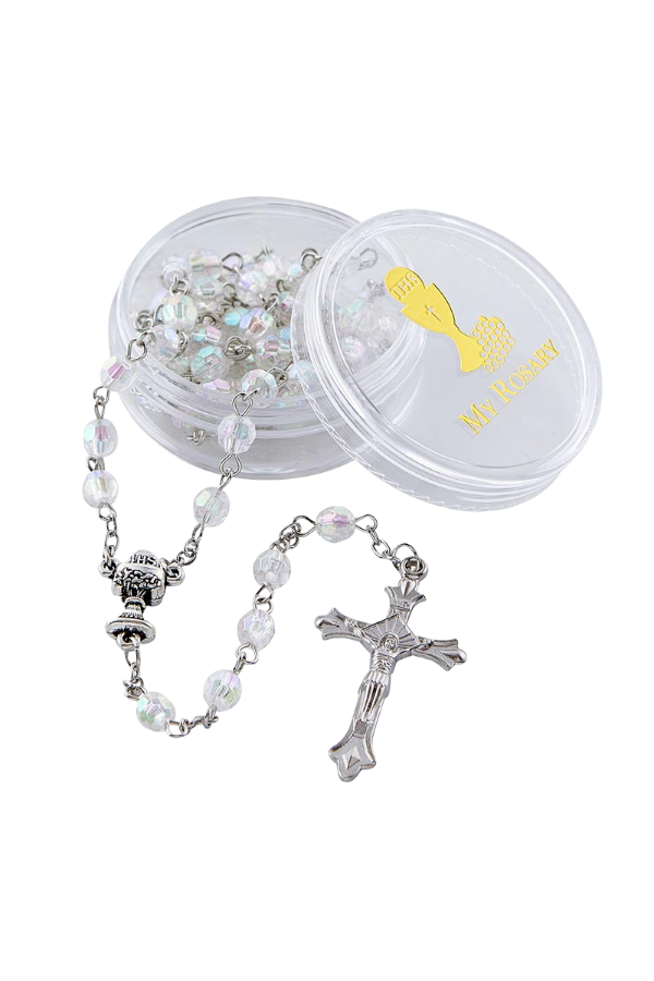 First Communion Crystal Faceted Rosary with Case