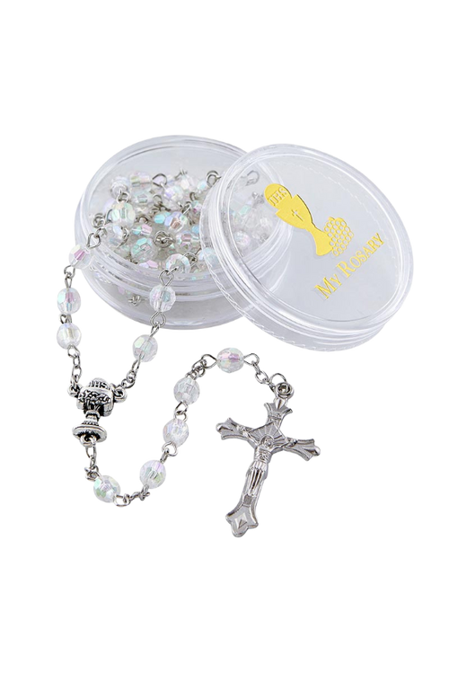 First Communion Crystal Faceted Rosary with Case