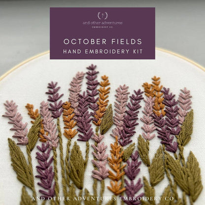 Hand embroidery kit with embroidered lavender design on a white background, featuring the brand 'And Other Adventures Embroidery Co'.