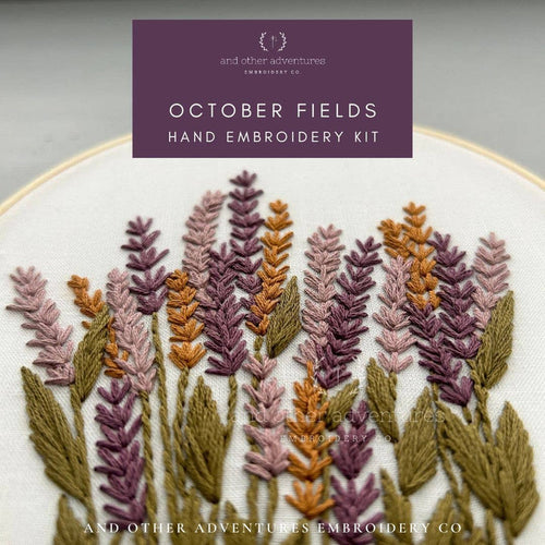 Hand embroidery kit with embroidered lavender design on a white background, featuring the brand 'And Other Adventures Embroidery Co'.