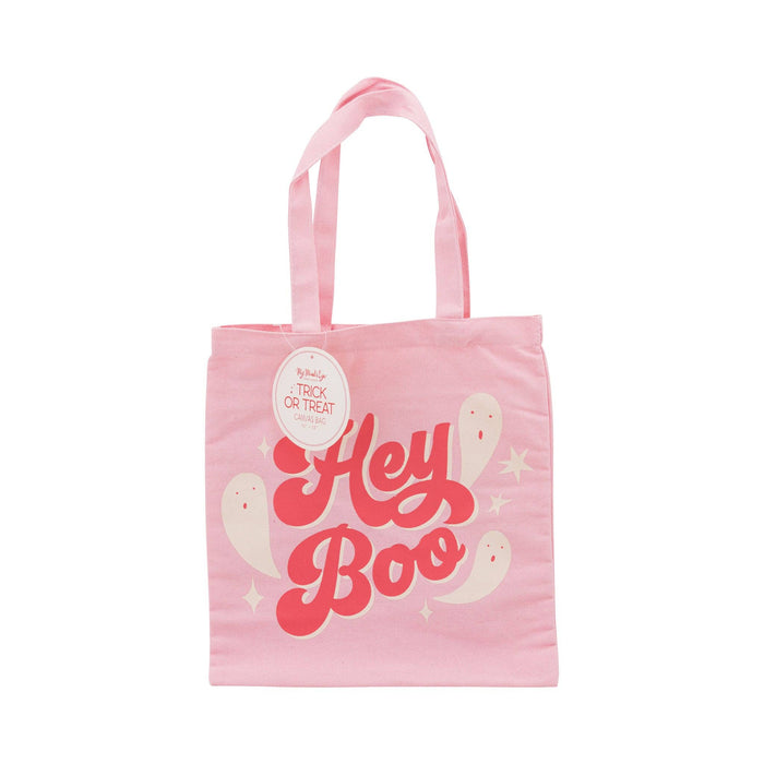 Pink tote bag with 'Hey Boo' text and ghost illustrations on a white background