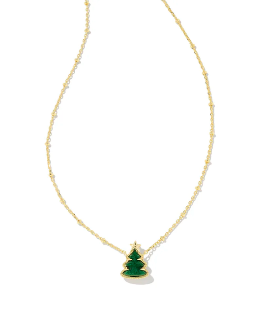 Holiday Tree Gold Pendant Necklace Green Quartzite