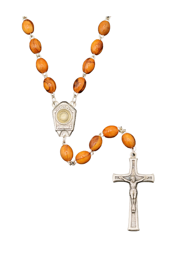 Holy Land Olive Wood Rosary with Jordan River Water Center