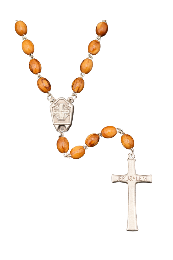 Holy Land Olive Wood Rosary with Jordan River Water Center