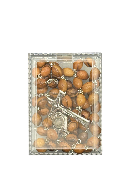 Holy Land Olive Wood Rosary with Jordan River Water Center
