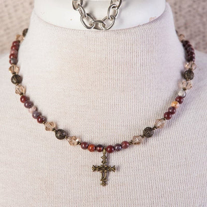 Jennifer’s Red Jasper Floral Cross Necklace and Earring Set