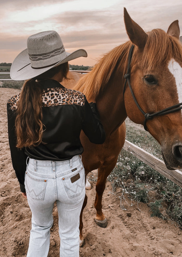Leopard Black Satin Rodeo Shirt