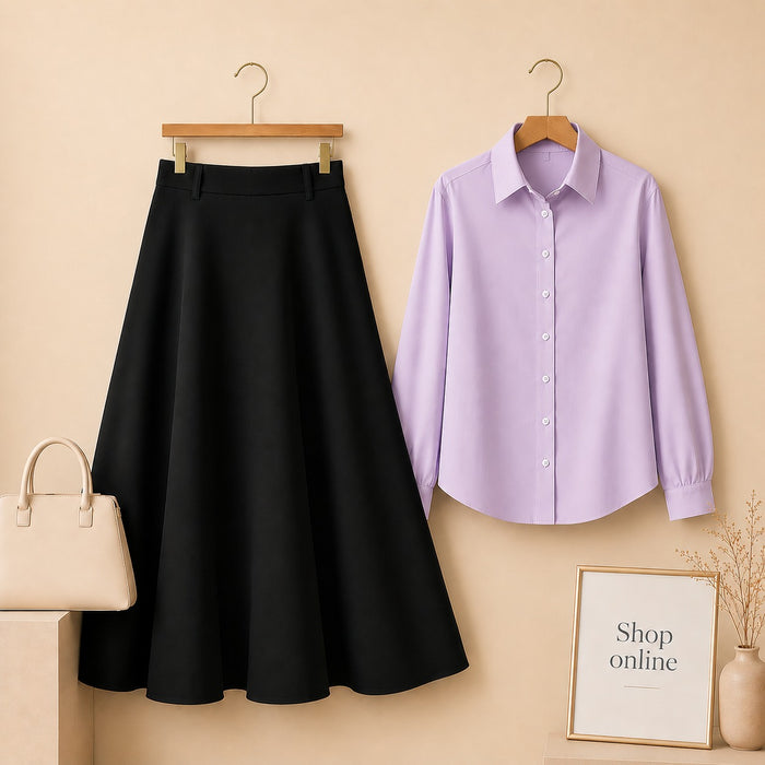 LILAC BUTTON DOWN WITH BLACK COTTON TWILL SKIRT