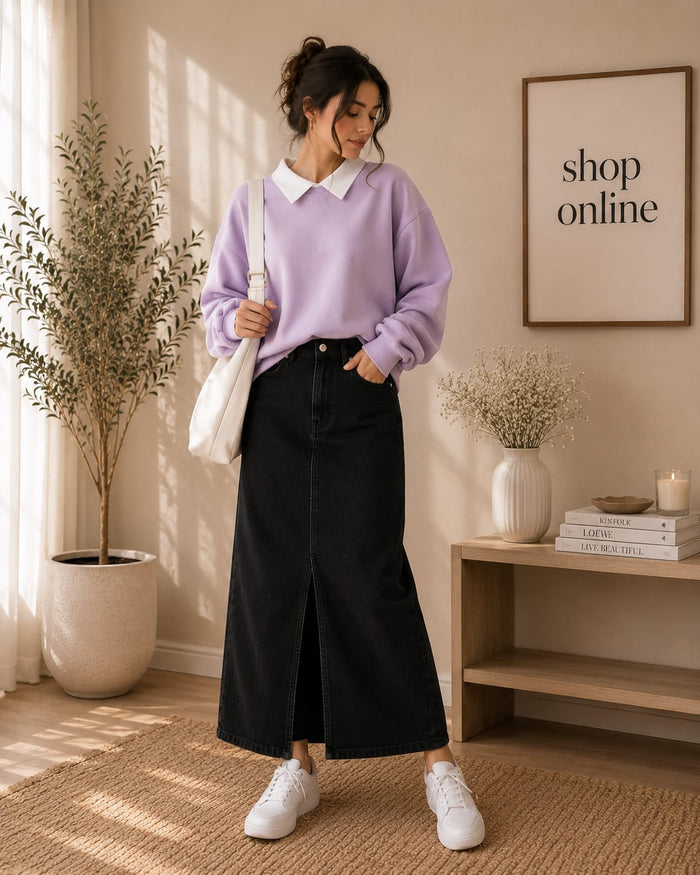 LILAC COLLAR SWEATSHIRT WITH BLACK SHIRT