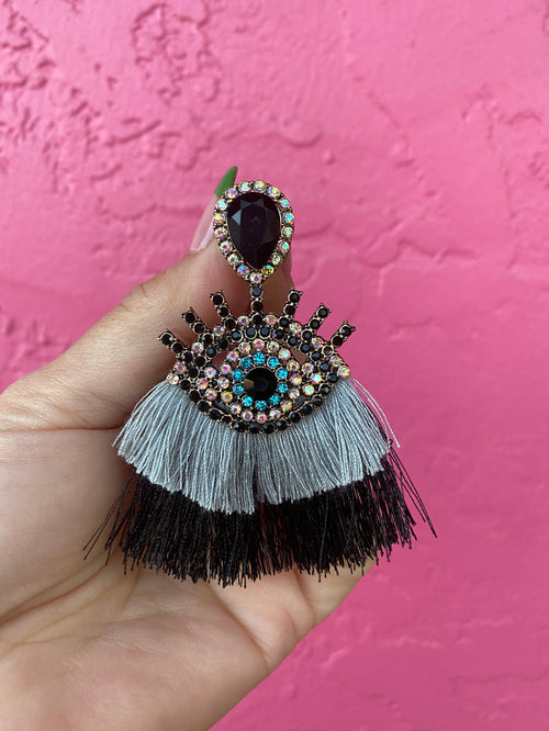 Mal Ojo Black and Silver Tassel Gem Earrings