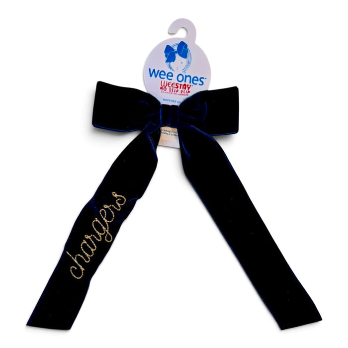 Medium Velvet Bow with tails, navy, Chargers embroidered