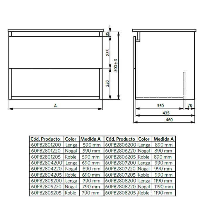 Mueble Vanitorio Belle Lenga + Cubierta 60x46x50 cm