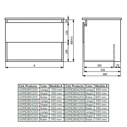 Mueble Vanitorio Belle Lenga + Cubierta 60x46x50 cm
