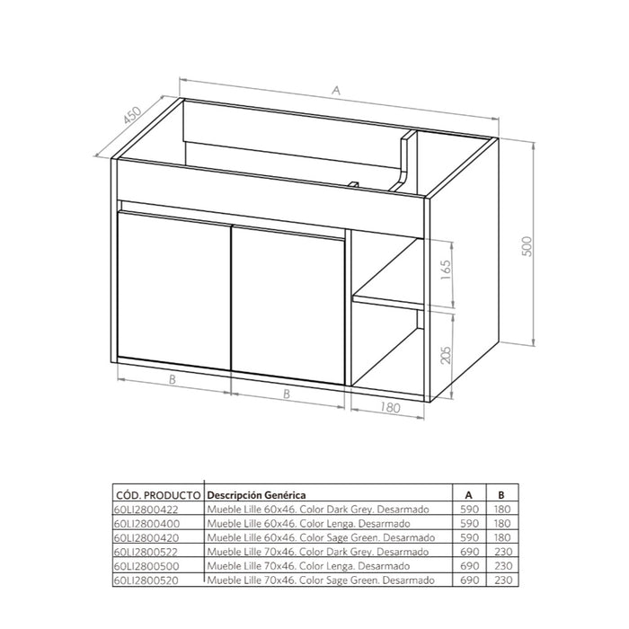 Mueble Vanitorio Lille Dark Grey + Cubierta 60x46x50 cm