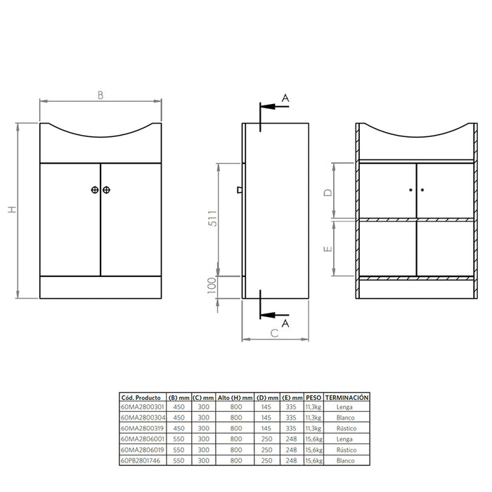Mueble Vanitorio Marie Rustico + Cubierta 43x50x30 cm