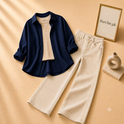 NAVY BLUE BUTTON DOWN SHIRT  WITH BEIGE TANK TOP BEIGE WIDE LEG JEANS (3Pcs)
